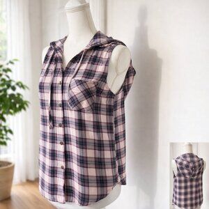 Polly & Esther Sleeveless Plaid Hooded Button Front Top XL